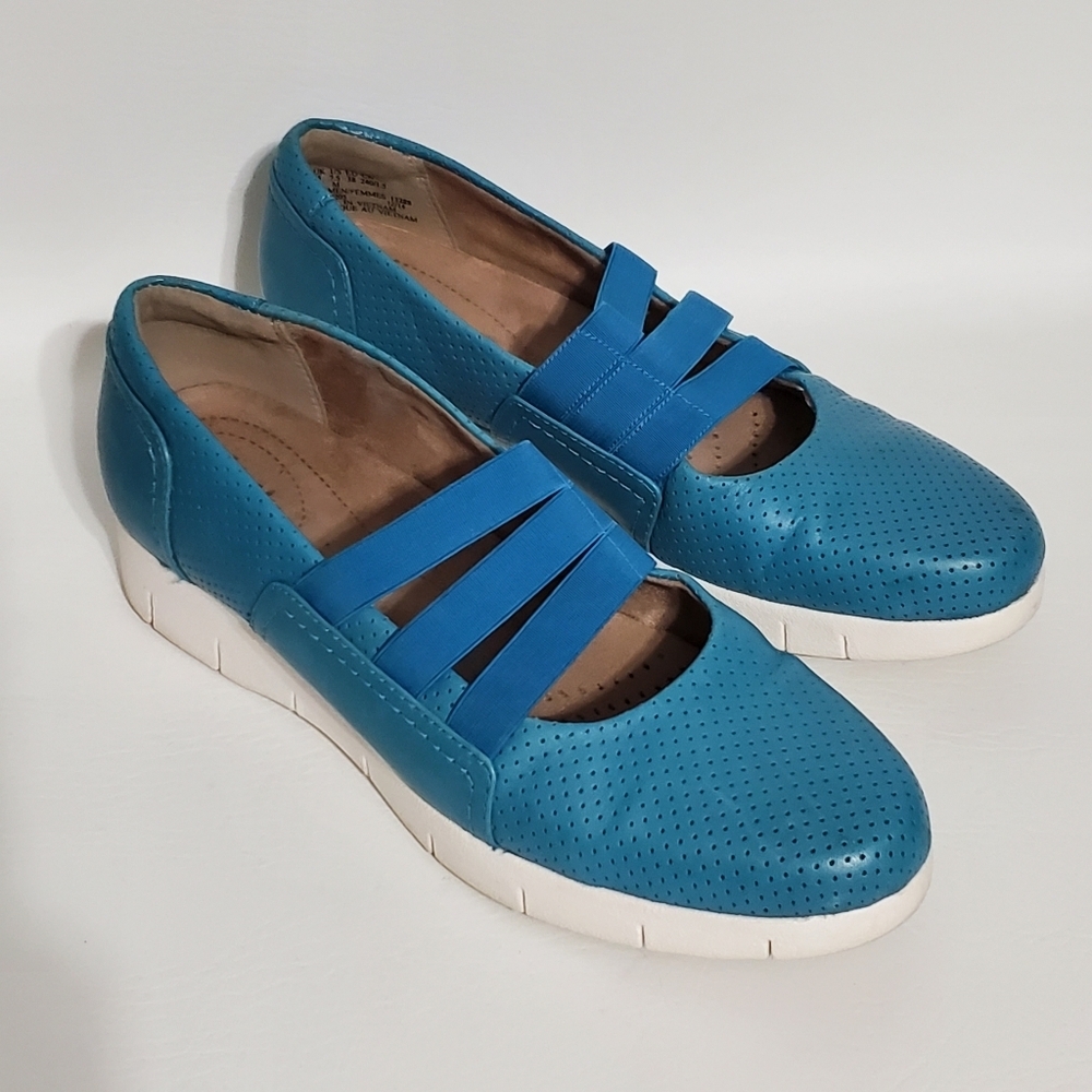 Clarks Light Blue Perforated Slip On Sneakers White Soles